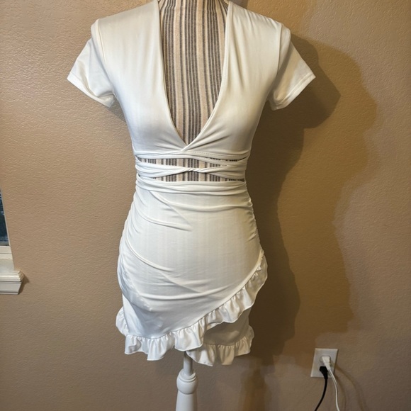 SHEIN White Mini Dress with Ruffle Hem Wraparound w/Ties Stretchy NWOT - Picture 12 of 16